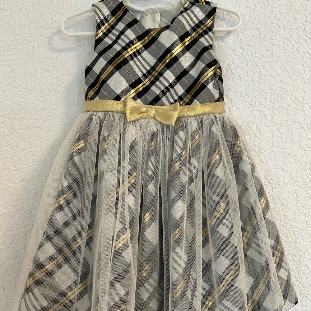 Elegant Gold and Black Plaid Kids Dress